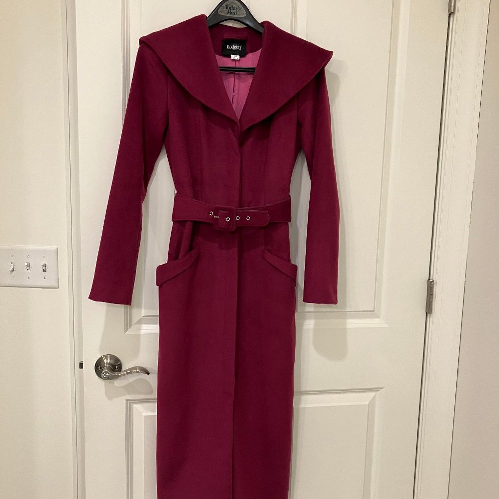Gorgeous Modcloth (Collectif) Long Belted Coat in Raspberry